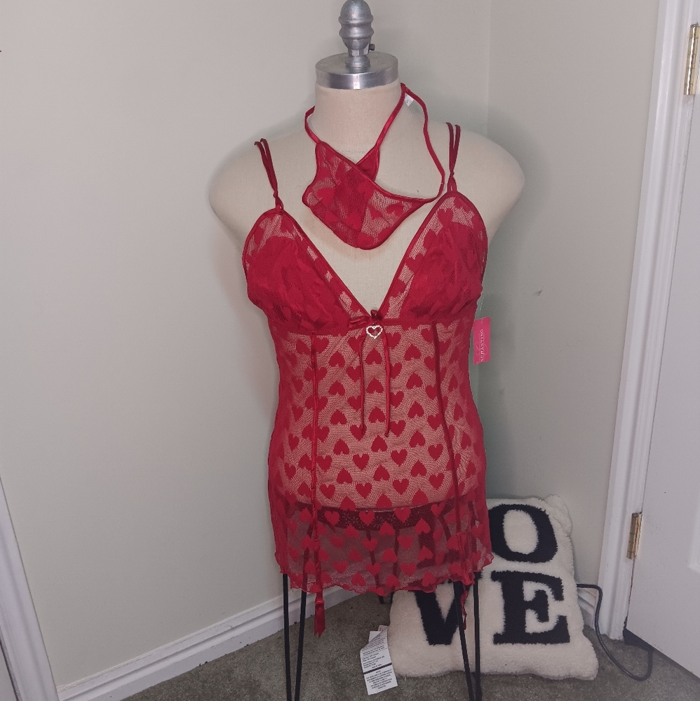 Sheer Heart-Print Ladies Babydoll with Detachable Garter Belt Set